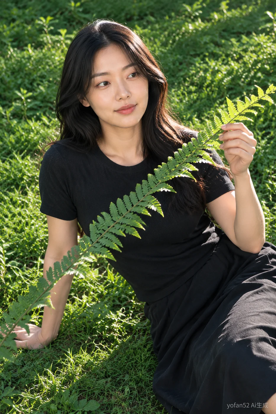 清昼写真 AI 生成结果：黑衣长发人物在绿草地侧倚，手托蕨叶，保留生成水印