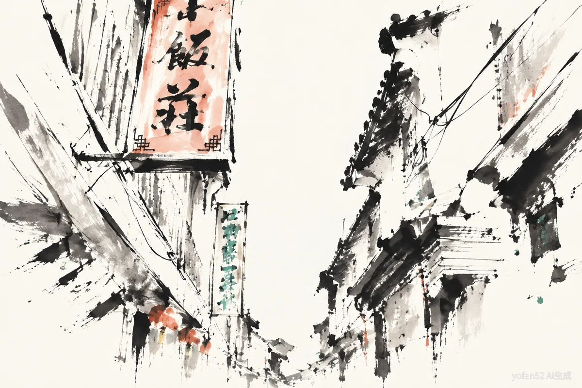 古镇街巷：屋檐仍在，招牌不再逐字对应照片转水墨画网站生成结果