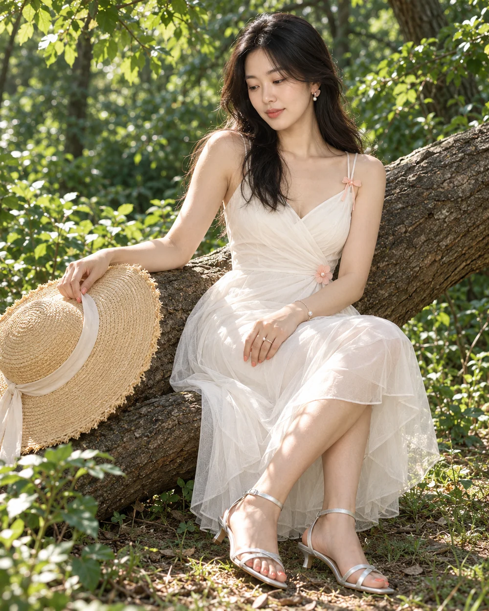 摄影卡 AI 生成结果：浅色连衣裙长发人物坐在林间树干上，手边放着草帽