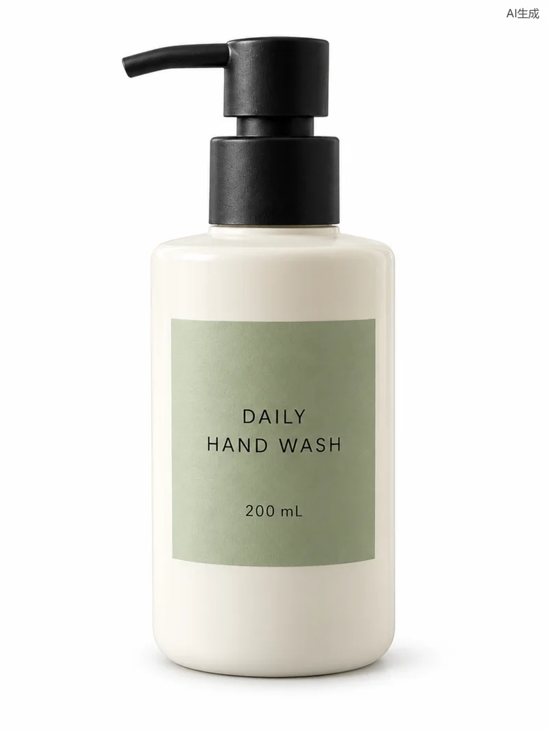 同一瓶 DAILY HAND WASH 洗手液的 3:4 白底导出图，泵嘴、泵头、瓶底与标签文字完整，右上角 AI生成 字样完整。